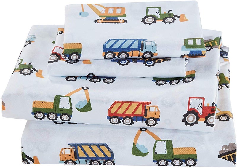 Fancy Linen Construction Excavators Dumping Trucks Tractors Light Blue Red Yellow Dark Blue Sheet Set for Boys/Teens Bedroom New (Twin) - Image 1